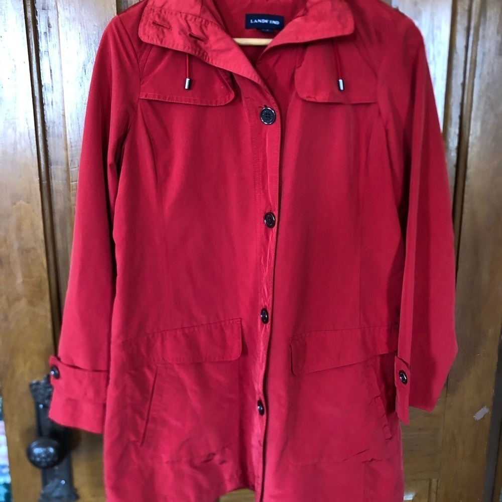 Lands' End Lined Red Trench Coat with High Collar and Hood